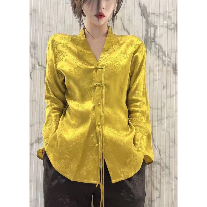 Chinese Style Yellow V Neck Jacquard Silk shirt Tops Long Sleeve
