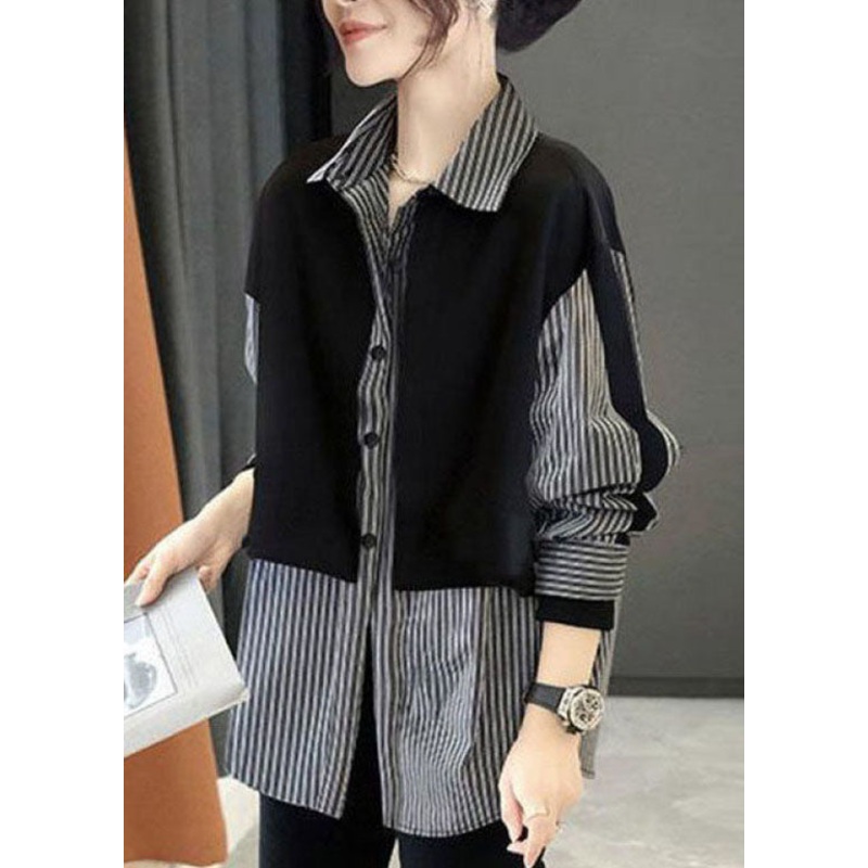 Classy Colorblock Peter Pan Collar Patchwork Striped Shirt Fake two pieces Spring