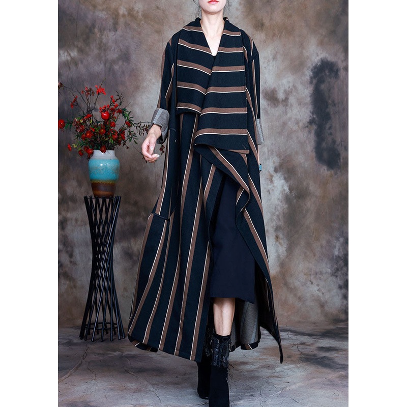 Coffee Striped Woolen trench coats pockets Spring