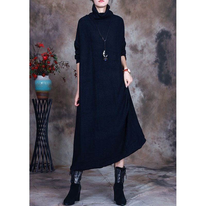 Elegant Black Knit warm Long Dresses Spring