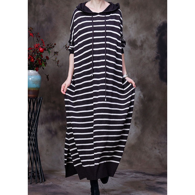 Elegant coffee drawstring Hooded Striped Knit Long Dresses Spring
