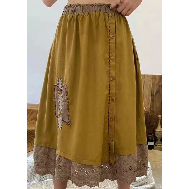 Elegant Yellow Embroidered Hollow Out Cotton Skirt Spring