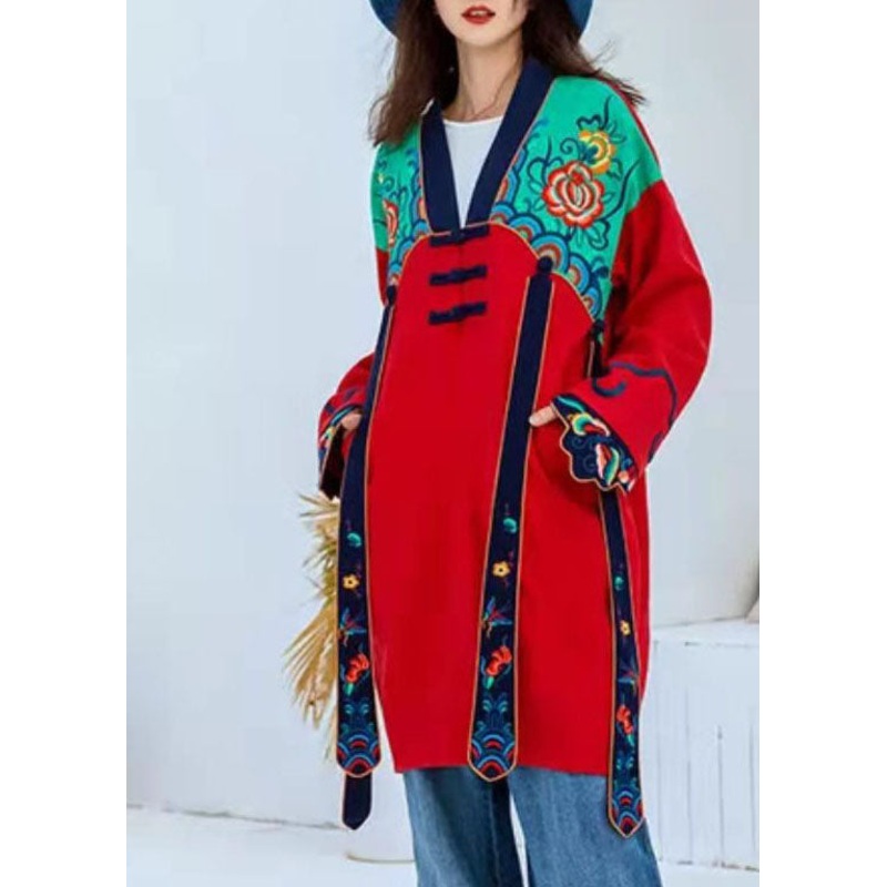 Ethnic Style Red V Neck Embroideried Patchwork trench Coats Long Sleeve