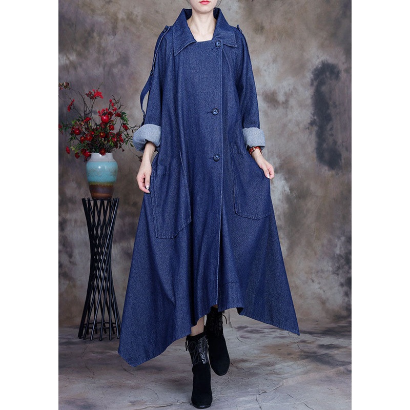 Fashion Blue asymmetrical design button Peter Pan Collar Cotton denim trench Coats Spring