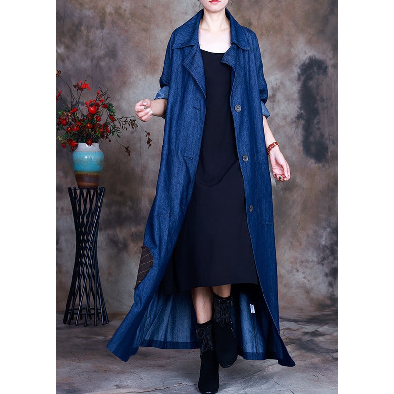Fashion Blue button tie waist Peter Pan Collar Cotton denim trench coats Spring