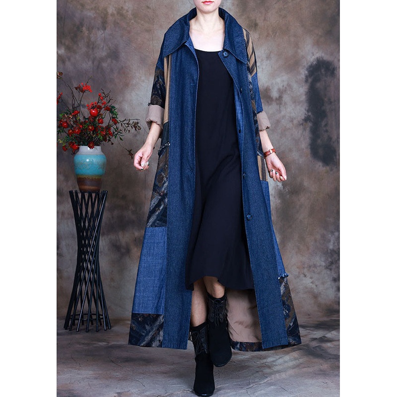 Fashion Blue tie waist Peter Pan Collar Patchwork Cotton denim Trench Spring