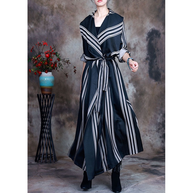 Fashion Grey tie waist Peter Pan Collar Striped Cotton Trench Spring