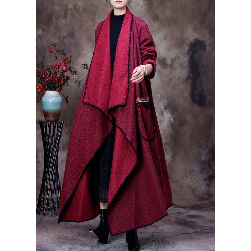 Fashion Red Peter Pan Collar asymmetrical design pockets Cashmere coats Spring