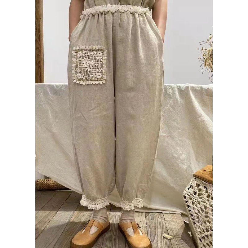 Fitted Apricot Ruffled Patchwork Linen Pants Spring