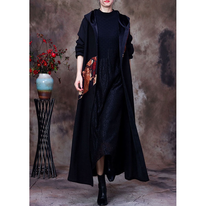 Fitted Black Hooded Print Warm Fleece Woolen Trench Spring
