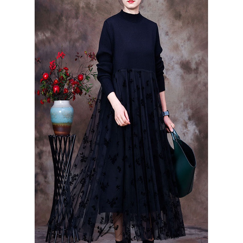 Fitted black O-Neck lace Patchwork Knit Vacation Dresses Spring