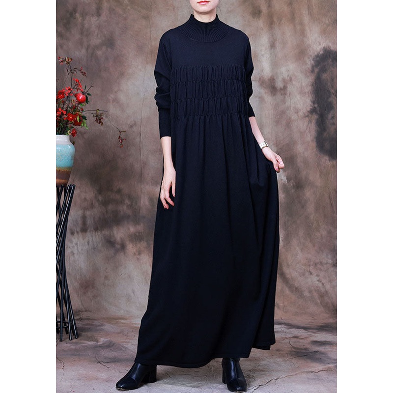 Fitted Black wrinkled Turtle Neck Knit Holiday Dresses Spring