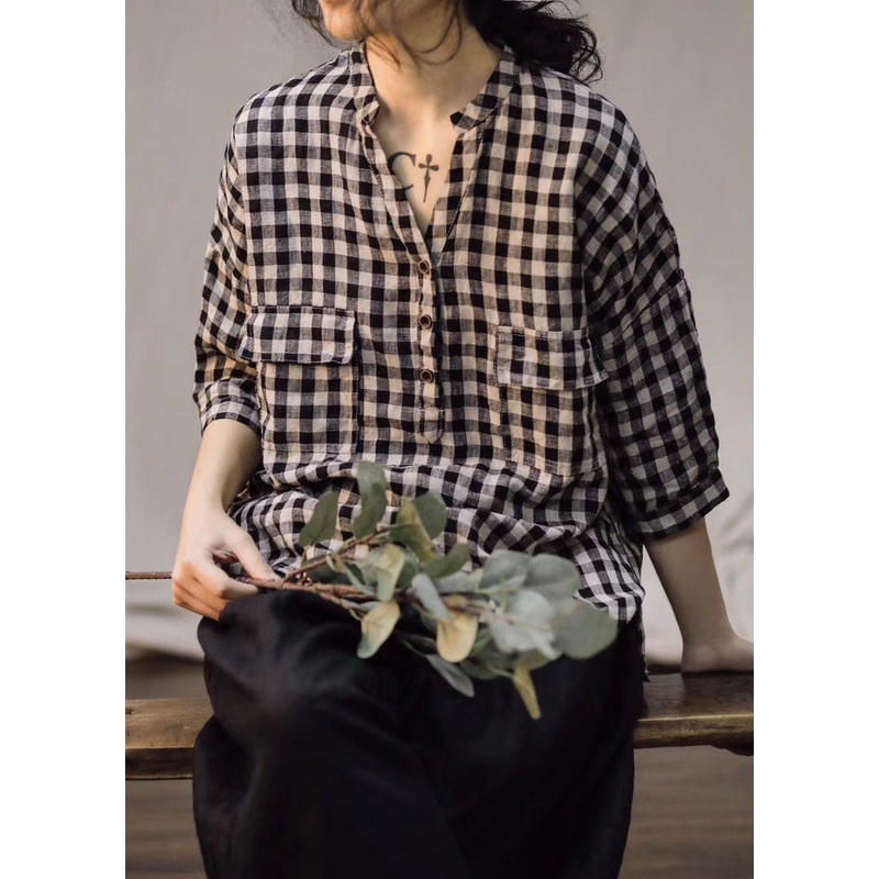 Fitted Large lattice V Neck Button Loose Linen Shirt Spring