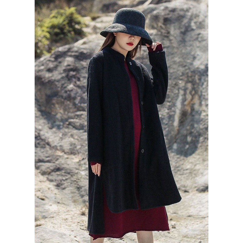 French Black Stand Collar low high design Woolen Coats Winter