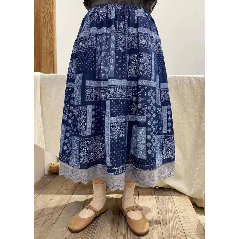French Blue Ruffled Print Cotton Skirt Winter