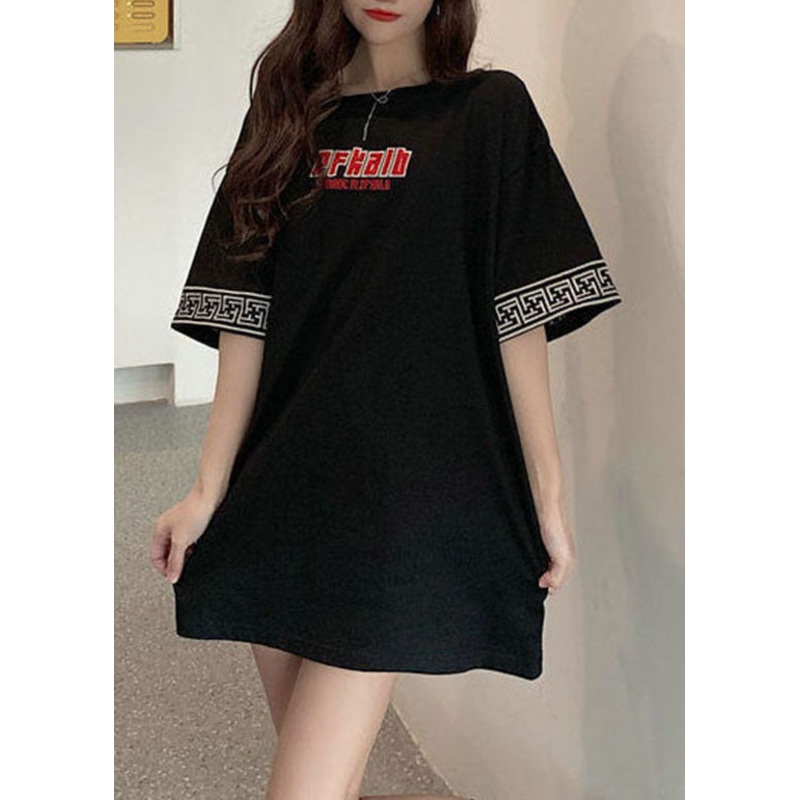 Loose Black O-Neck Embroideried Cotton Tops Short Sleeve