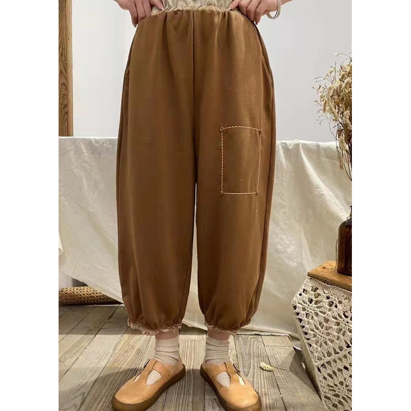 Modern Coffee Pockets Patchwork Cotton Pants Spring
