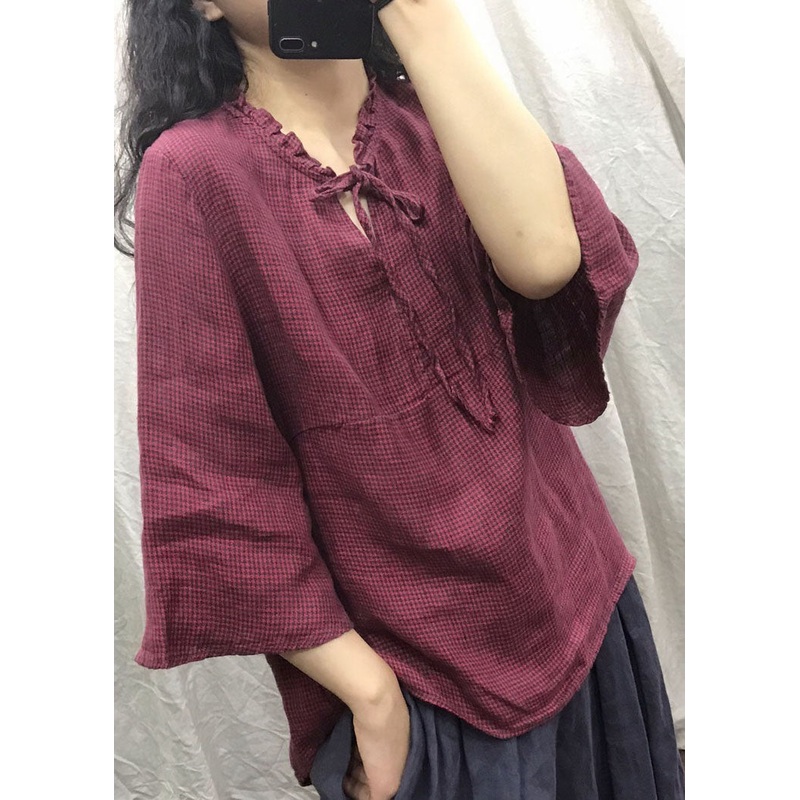 Natural Red Ruffled Plaid flare sleeve Blouse Tops
