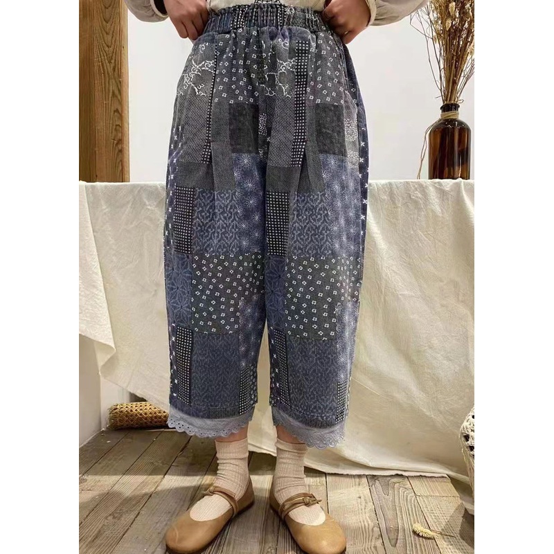 Organic Blue Pockets Print Cotton Pants Spring