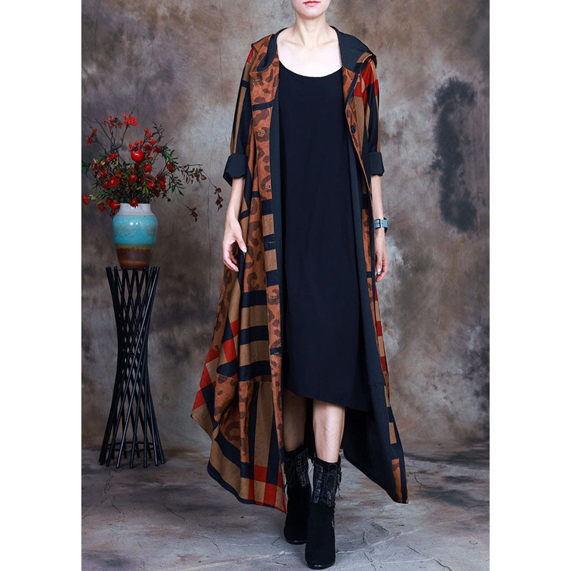 Organic coffee Hooded button print Patchwork trench Coats Spring