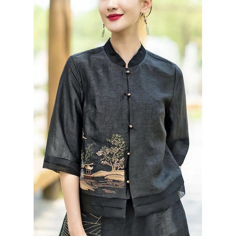 Original Design Black Stand Collar Embroidered Patchwork Silk Top Half Sleeve