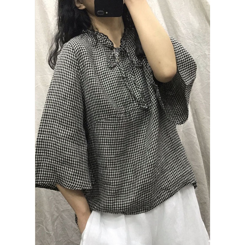 Plus Size Black Plaid Patchwork Casual Top Spring