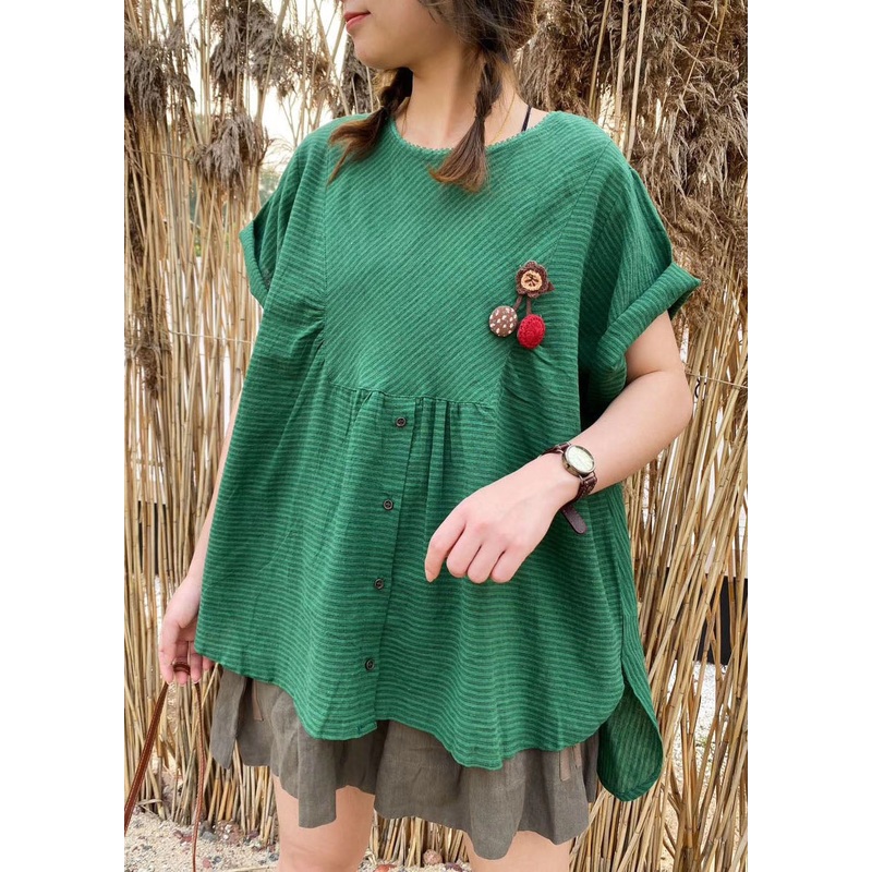 Plus Size Green Patchwork Striped Linen Top Short Sleeve