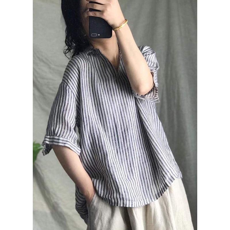 Plus Size Grey V Neck Striped Linen Top Short Sleeve