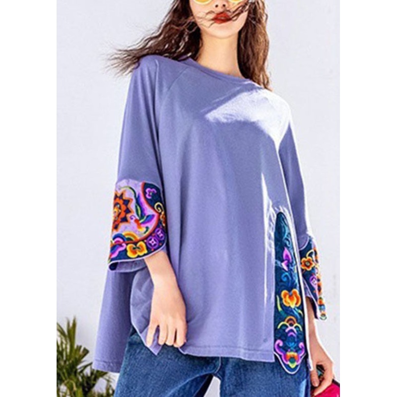 Purple Embroidered Patchwork Tops Three Quarter sleeve