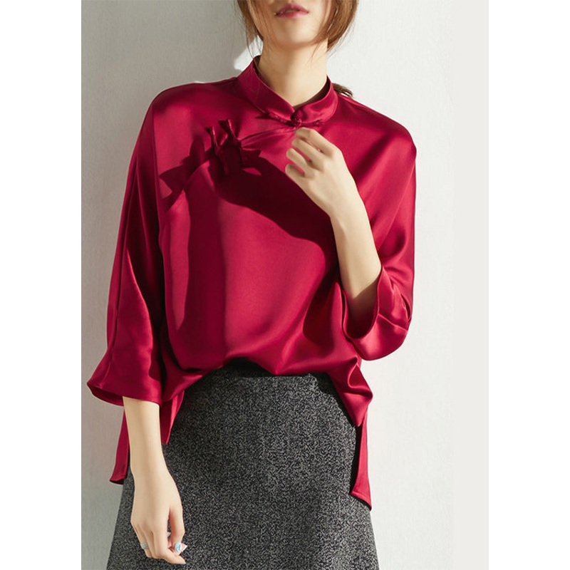Red Mandarin Collar side open Silk Shirt Three Quarter Sleeve