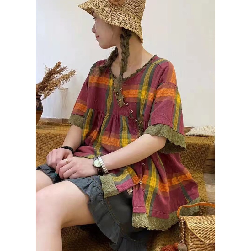 Red Plaid Patchwork Cotton Top Short Sleeve