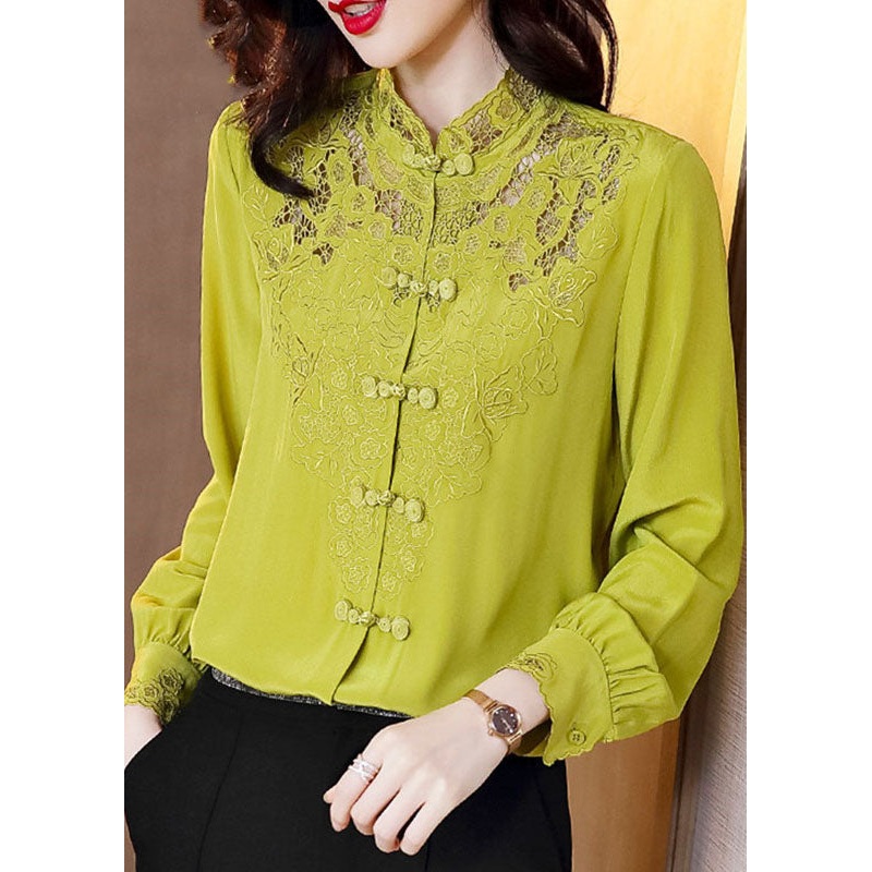 Simple Yellow Green Hollow Out Stand Collar Embroidered Silk shirt Long sleeve