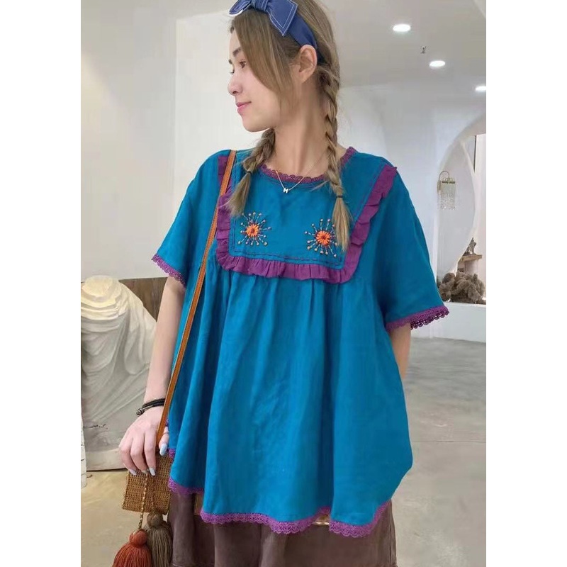 Style Blue Embroideried Patchwork Cotton Shirt Short Sleeve