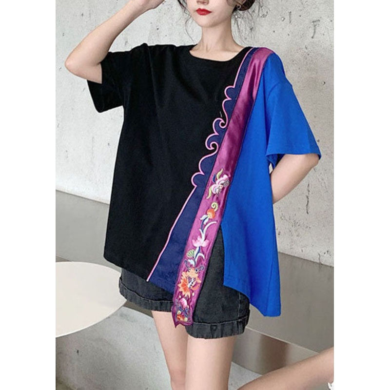 Stylish Black Embroideried Patchwork Top short Sleeve