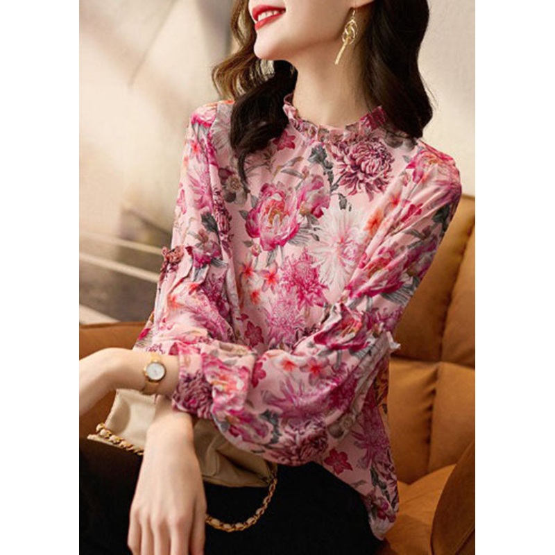 Stylish Red Stand Collar Ruffled Floral Chiffon Top lantern sleeve