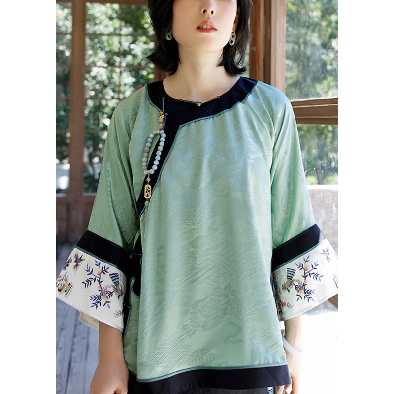 Vintage Green O-Neck Embroideried Patchwork Jacquard Silk Top Long Sleeve