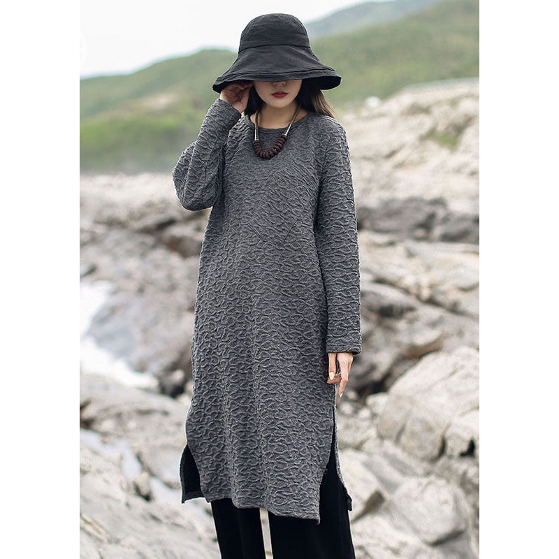 Vintage Grey Jacquard side open Knit Long Sweater Winter
