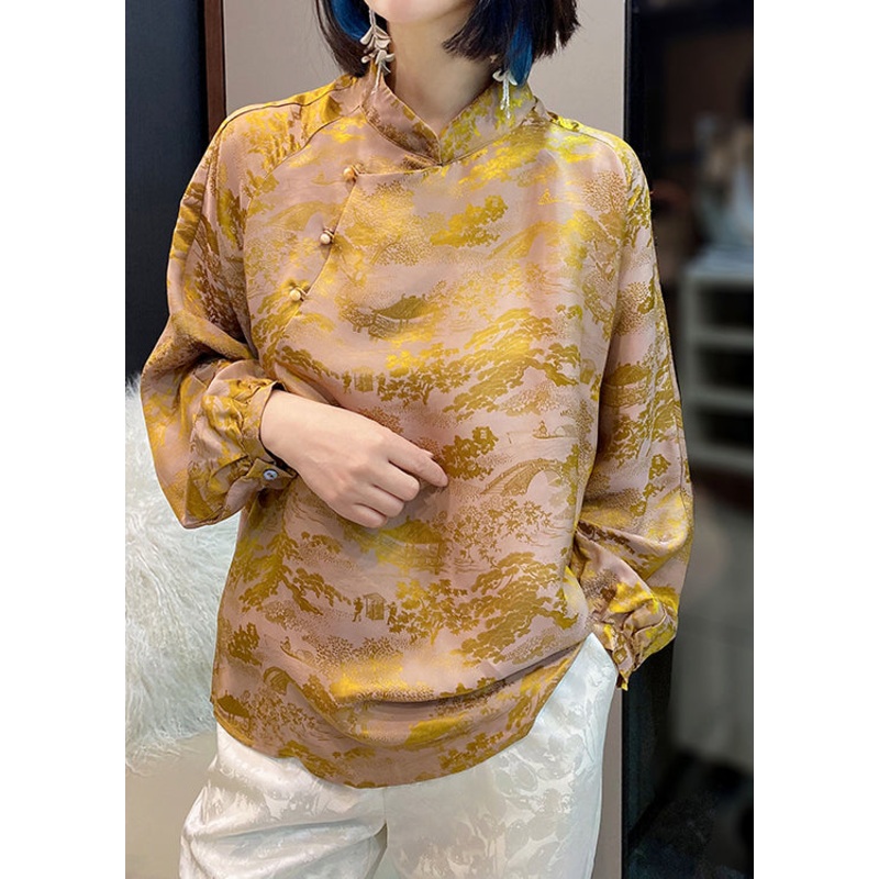 Vintage Yellow Mandarin Collar Button Jacquard Silk Top lantern sleeve
