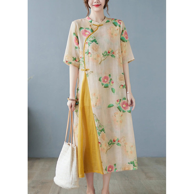 Vintage Yellow Print Patchwork Button Linen Long Dress Half Sleeve