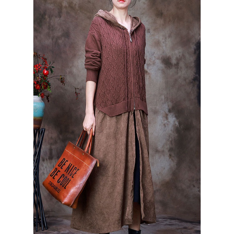 Women coffee zippered drawstring Hooded Patchwork Knit Coats Spring