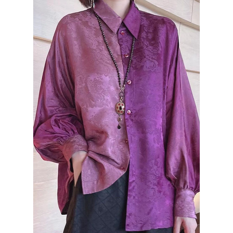 Women Colorblock Peter Pan Collar button Jacquard Patchwork Silk shirt Spring