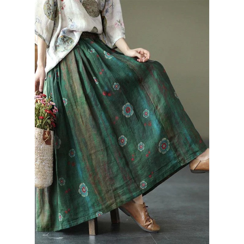 Women Green Print Ramie Elastic Waist Skirt