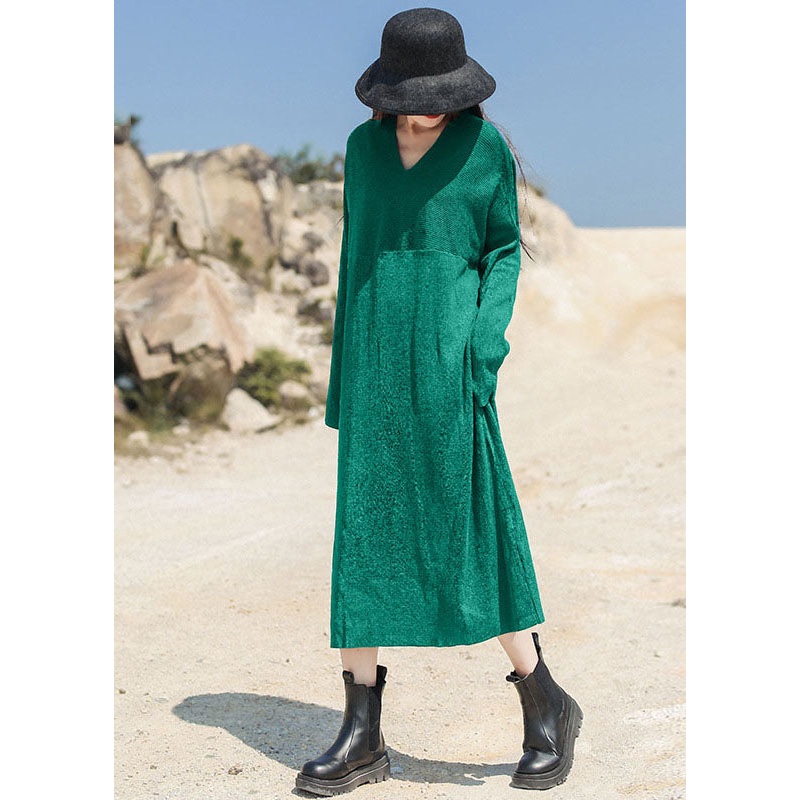 Women Green V Neck Patchwork Knit Maxi Dress Spring