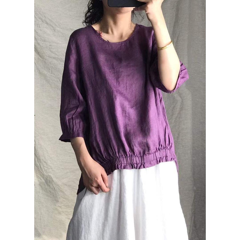 Women Purple Solid Linen Shirt Tops Half Sleeve