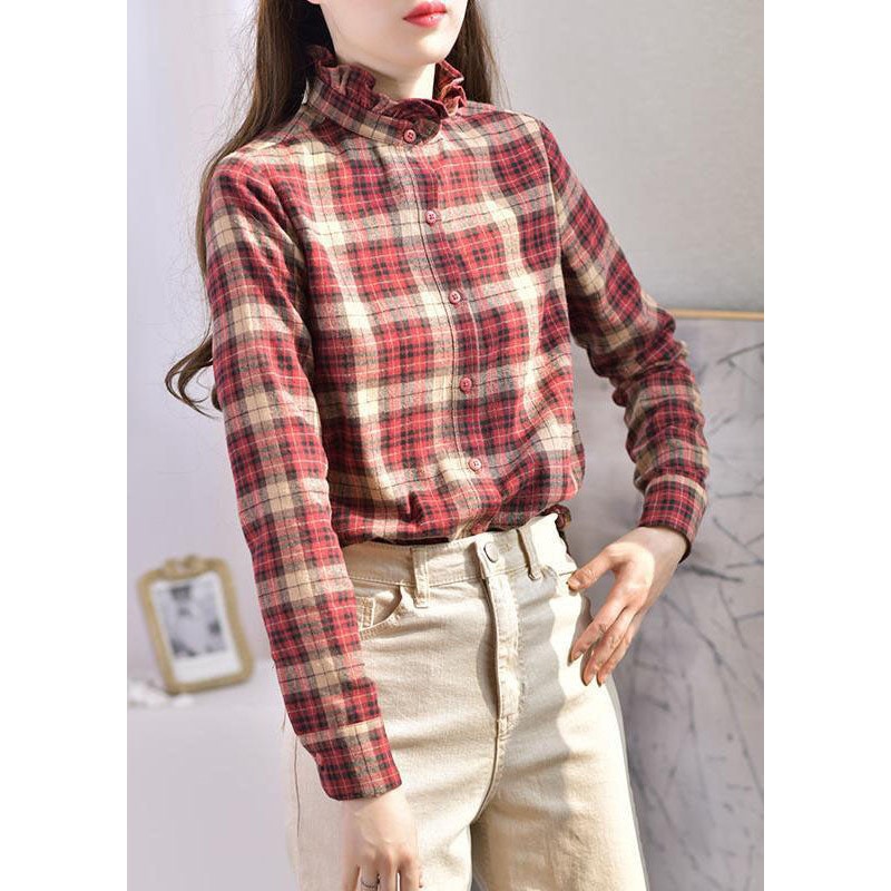 Women Red button Ruffled Stand Collar Plaid Shirt Spring