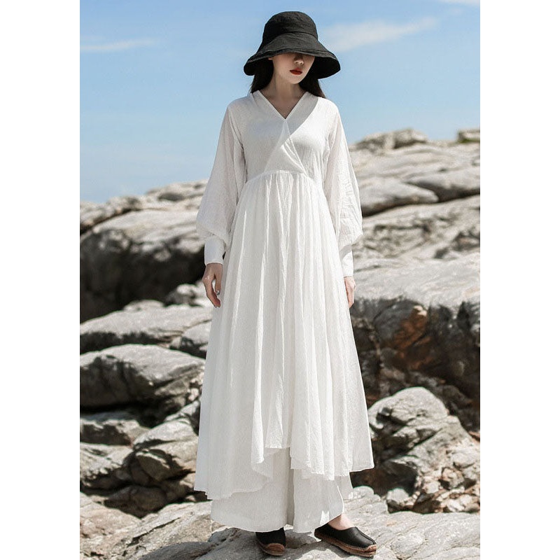 Women White V Neck Patchwork Maxi Dresses Spring