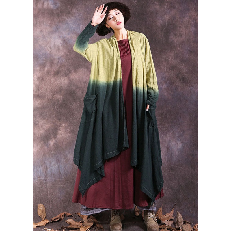 Yellow Green Pockets Gradient color Cotton cardigan Spring