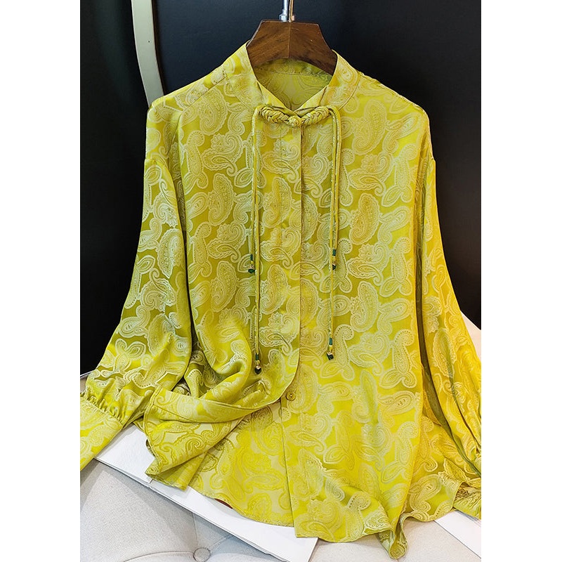 Yellow Stand Collar Jacquard Silk Blouses Long Sleeve