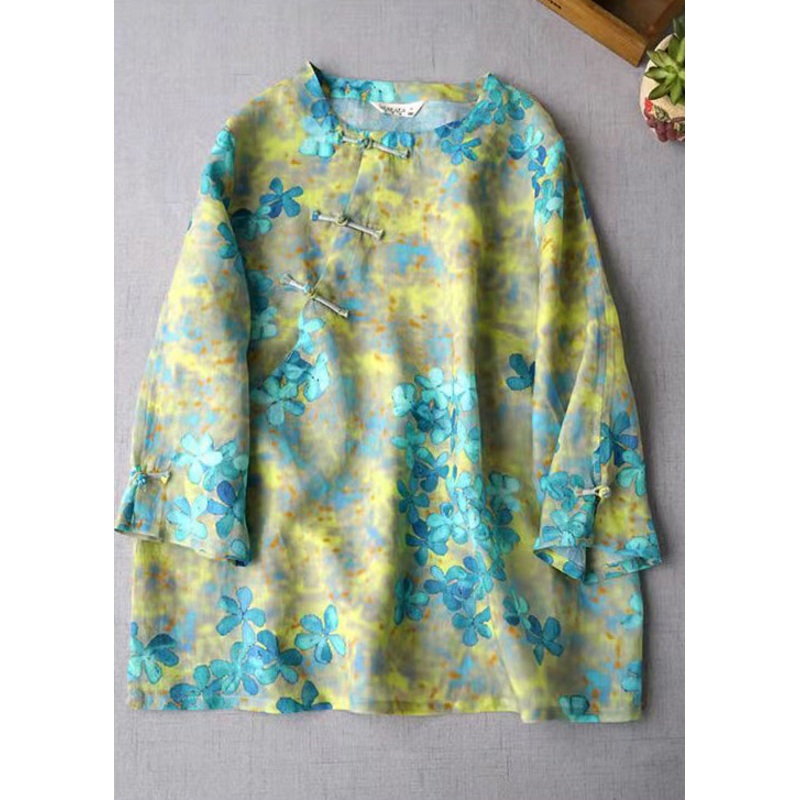 Yellow Vintage Linen Shirts Top Button Three Quarter sleeve