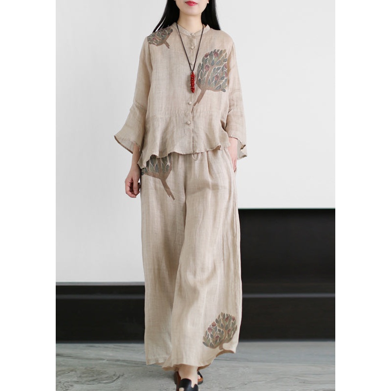 Apricot Pocket Linen Tops And Wide Leg Pants Two Piece Set Women Clothing Ruffles flare sleeve